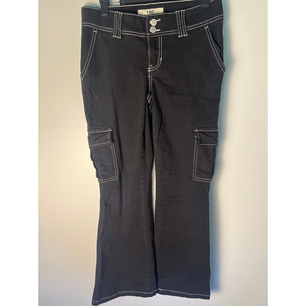 YMI Cargo Pants Junior 1/25 Y2K Black Contrast Stitch Low Rise Utility Flare Emo